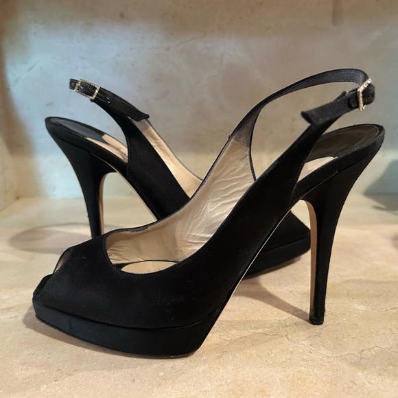 Jimmy Choo Black Satin Peep Toe Platform Slingback Heel - Picture 2 of 7